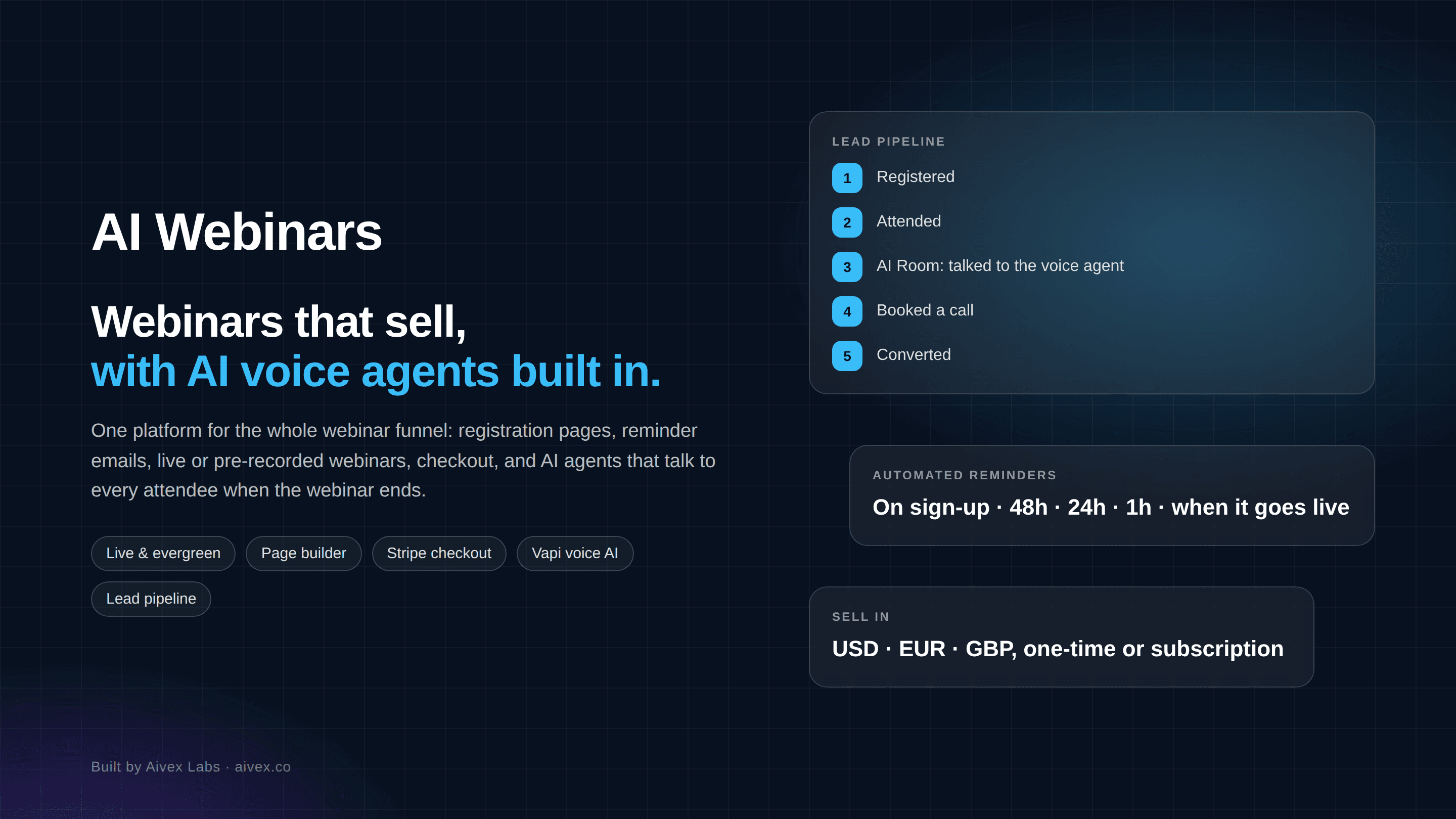 Screenshot of AI Webinars – Webinars That Sell, With AI Voice Agents Built In