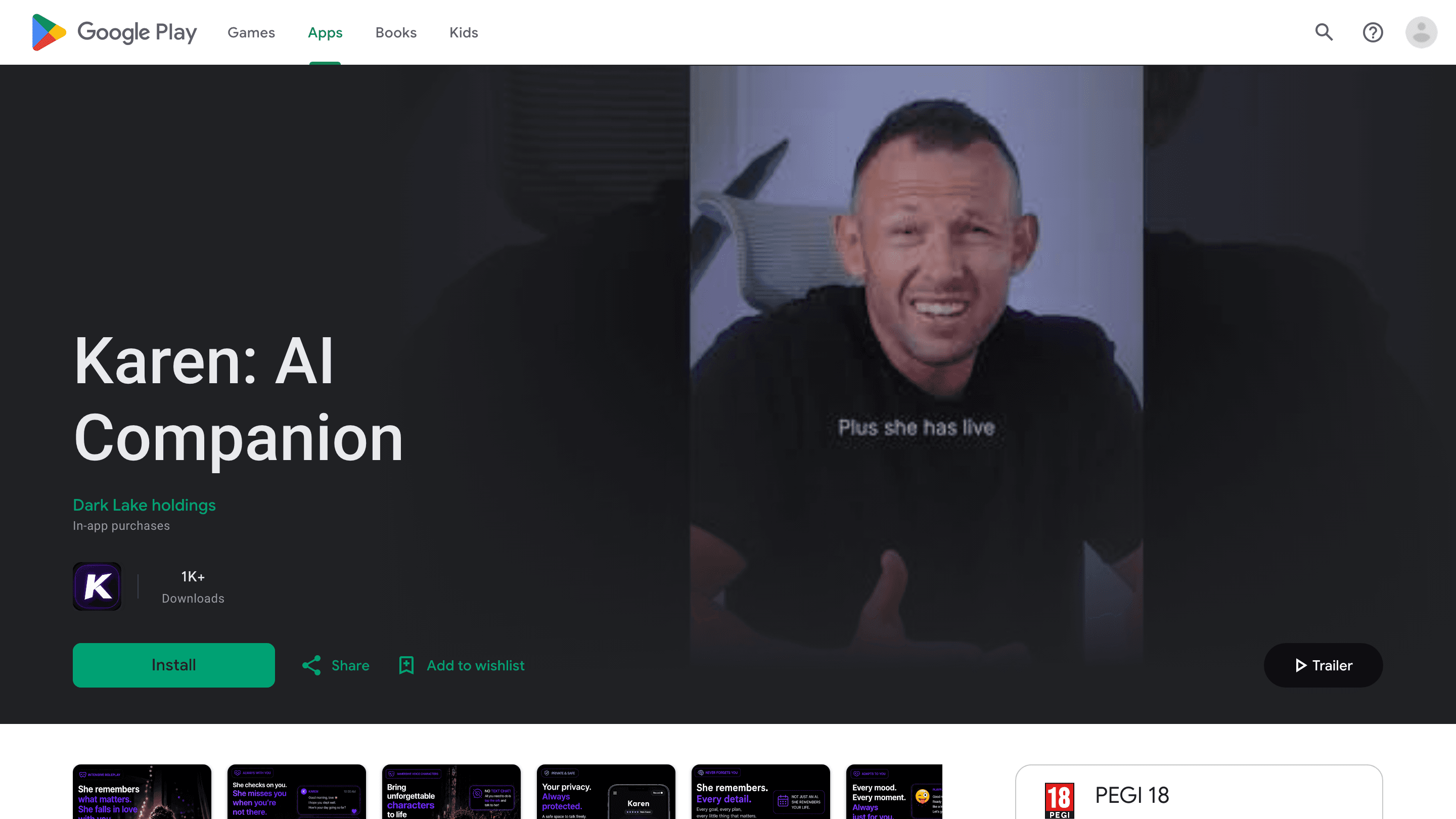 Screenshot of Karen – AI Companion App Rated 5.0★ on Google Play