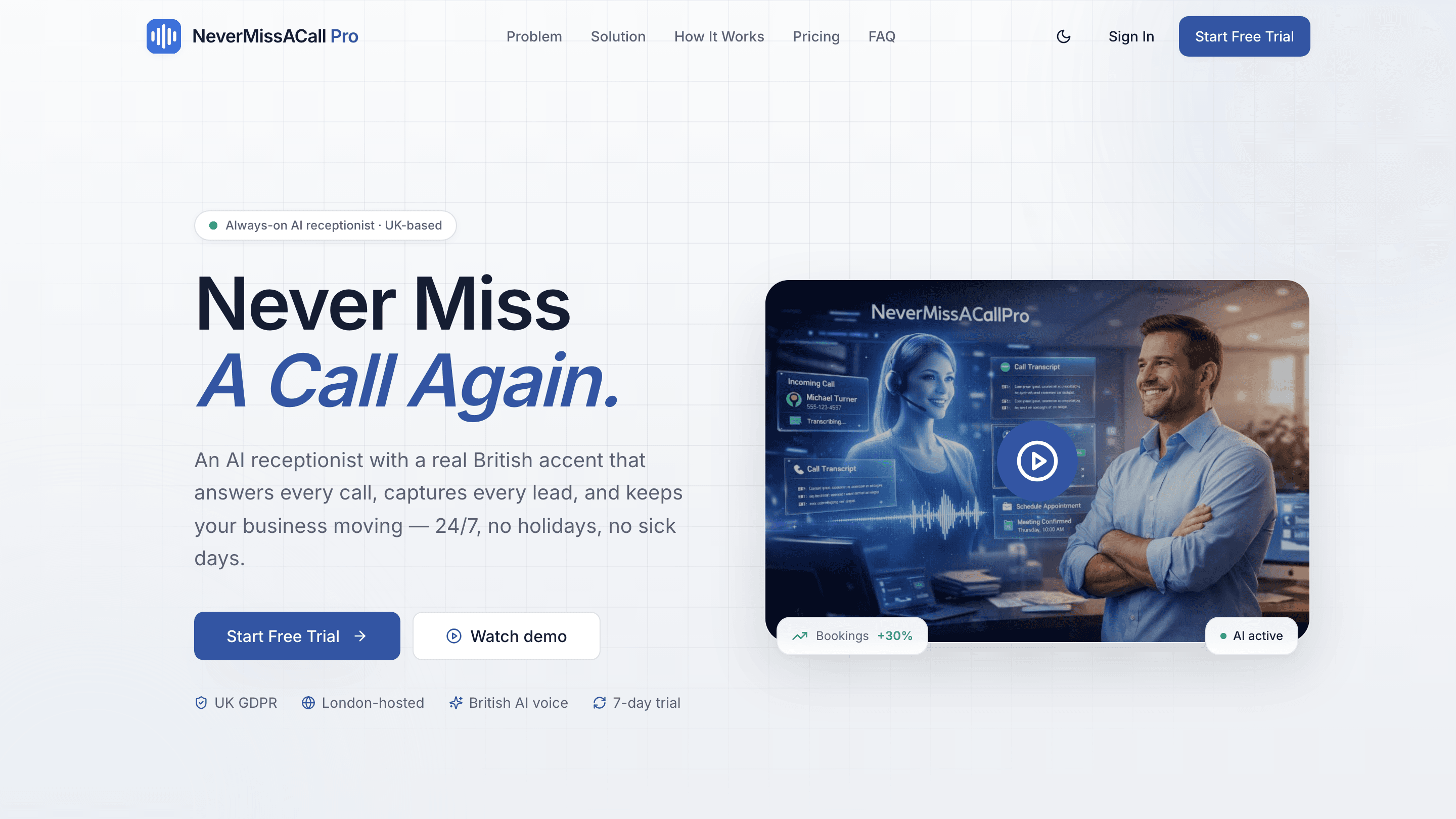 Screenshot of NeverMissACall Pro – A 24/7 AI Receptionist, Shipped in 7 Weeks