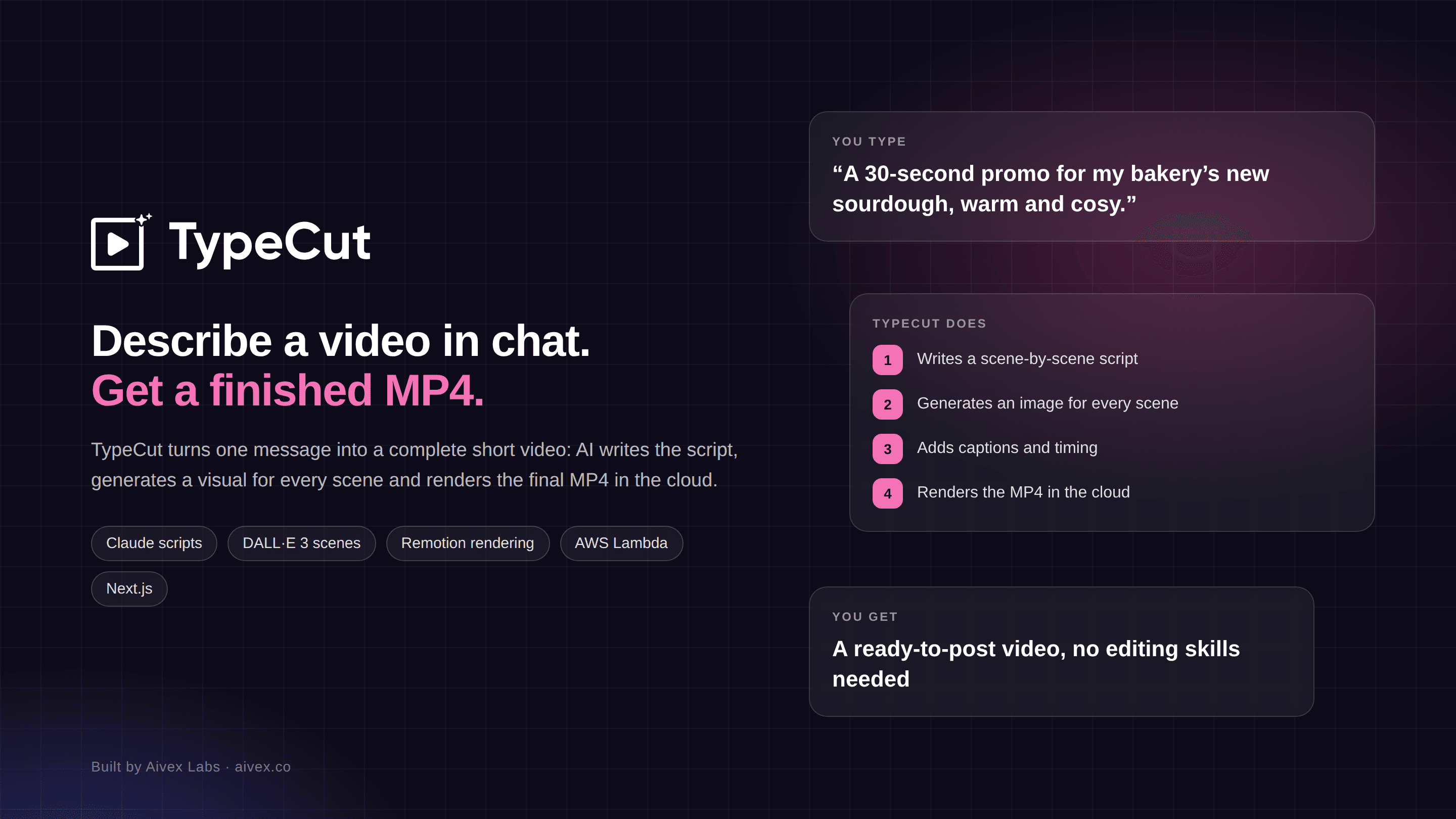 Screenshot of TypeCut – Describe a Video in Chat, Get a Finished MP4